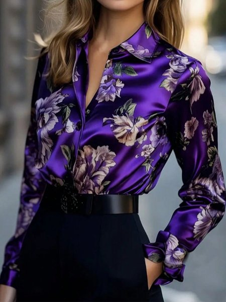 

Urban Floral Printing Shirt Collar Shirt, Purple, Blouses and Shirts