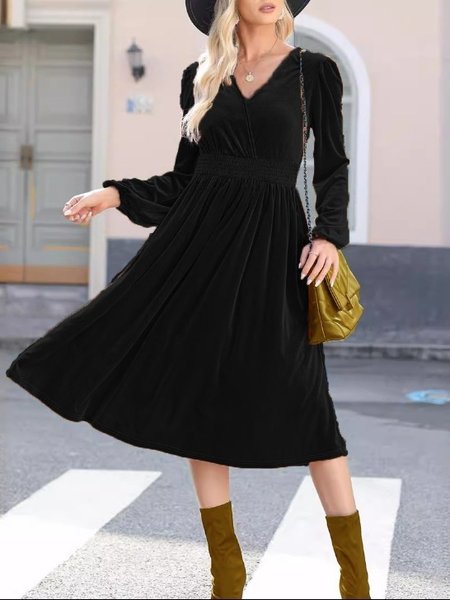 

Women Plain Long Sleeve Spring/Fall Split Joint Dress V Neck Daily Vintage Maxi T-Shirt Dress A-Line Dress, Black, Dresses
