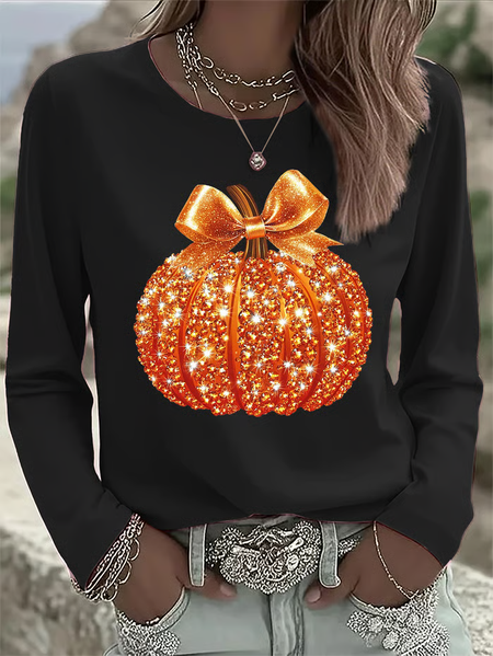 

Women Halloween (pumpkin) Long Sleeve Tee T-shirt Crew Neck Printing Casual Spring/Fall Graphic Tee Top, Black, T-Shirts