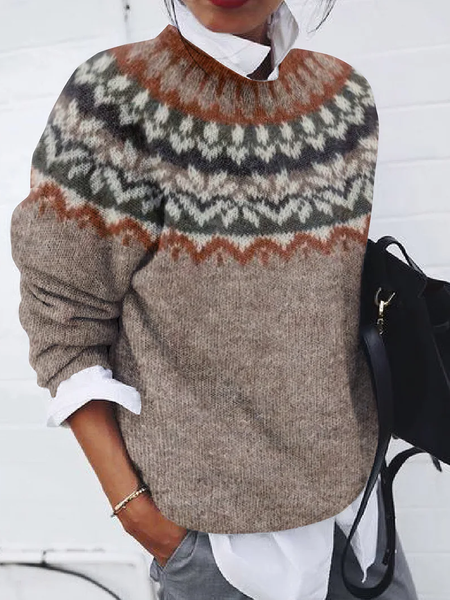 

Women Abstract Printing Spring/Fall Casual Long Sleeve Crew Neck Sweater, Light brown, Sweaters