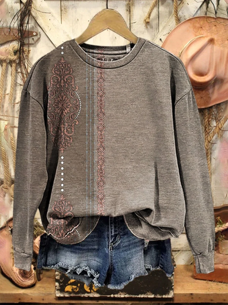 

Women Ethnic Crew Neck Printing Casual Spring/Fall Long Sleeve Sweatshirt, Gray, Sweatshirts & Hoodies
