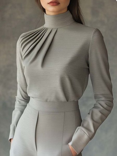 

Urban Plain Gathered Stand Collar Blouse, Gray, Blouses and Shirts