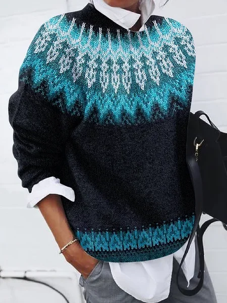

Women Abstract Printing Spring/Fall Casual Long Sleeve Crew Neck Sweater, Lake blue, Sweaters