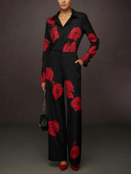

Elegant Floral Printing Shirt Collar Shirt, Black-red, Blouses and Shirts
