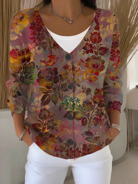 

Women Floral Long Sleeve V Neck Casual Spring/Fall Cardigan Outerwear, As picture, Cardigans