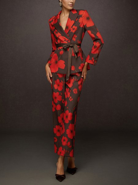 

Elegant Floral Printing Straight Pants, Red, Pants