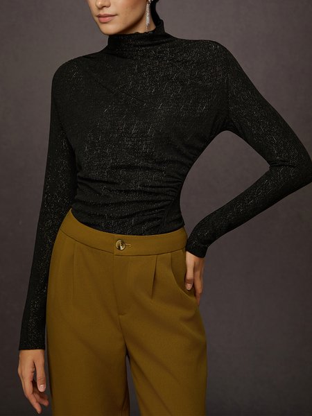 

Urban Plain Ruched Turtleneck T-shirt, Black, Tees