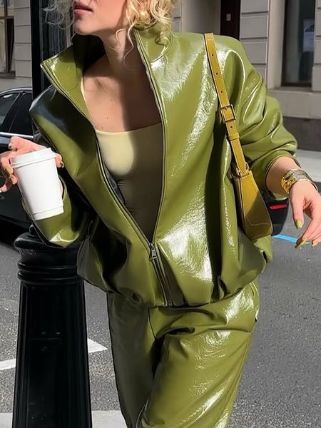

Urban Loosen Zipper Plain Stand Collar Faux Leather Coat, Green, Jackets