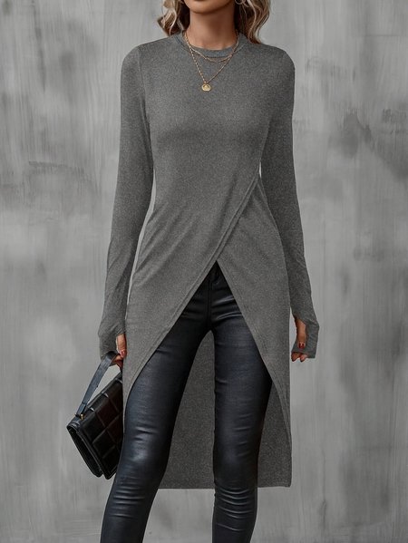 

Women Plain Long Sleeve Tee T-shirt Crew Neck Split Joint Vintage Spring/Fall Top, Gray, T-Shirts