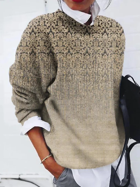 

Women Ethnic Printing Spring/Fall Casual Long Sleeve Crew Neck Sweater, Khaki, Sweaters