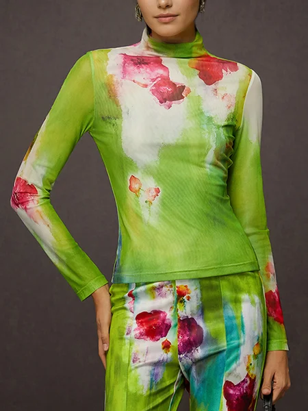 

Elegant Floral Printing Turtleneck T-shirt, Green, Tees