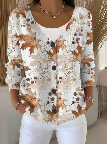 

Women Maple Leaf Long Sleeve V Neck Casual Spring/Fall Cardigan Outerwear, White, Cardigans