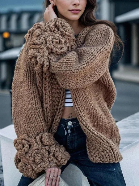 

Casual Loosen Plain V Neck Sweater Cardigan, Brown, Cardigans