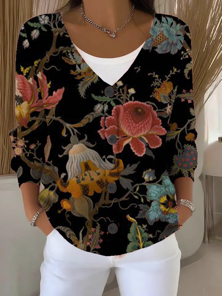 

Women Floral Long Sleeve V Neck Casual Spring/Fall Cardigan Outerwear, Black, Cardigans