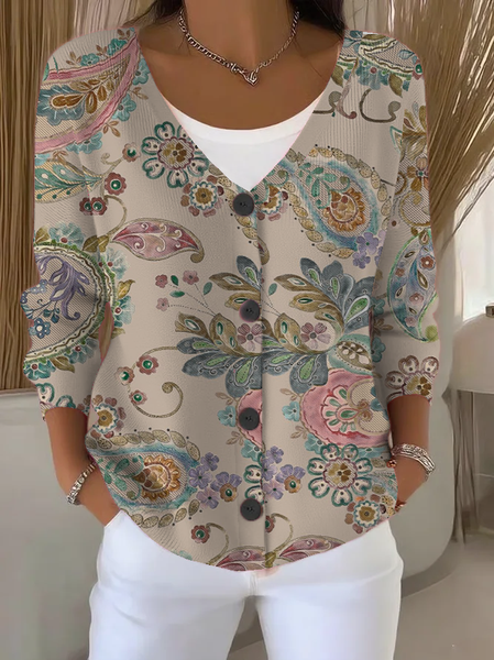 

Women Floral Long Sleeve V Neck Casual Spring/Fall Cardigan Outerwear, Oatmeal, Cardigans