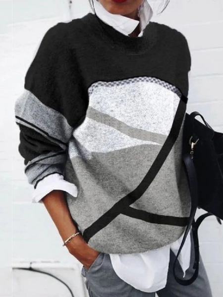 

Women Abstract Printing Spring/Fall Casual Long Sleeve Crew Neck Sweater, Black-grey, Sweaters