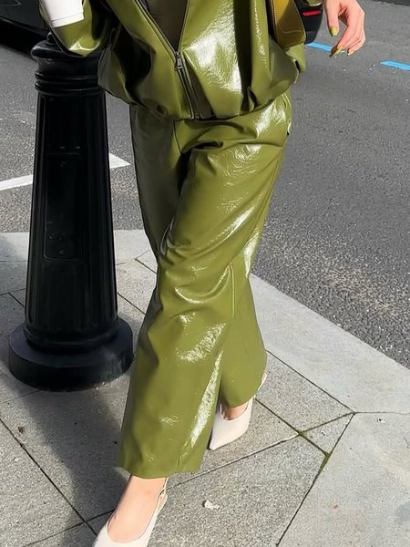 

Urban Plain Straight Faux Leather Pants, Green, Pants