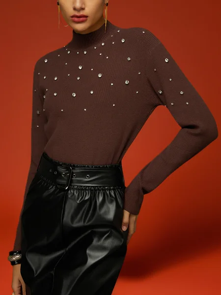 

Yarn/Wool Yarn Urban Plain Rhinestones Mock Neck Sweater, Brown, Pullovers