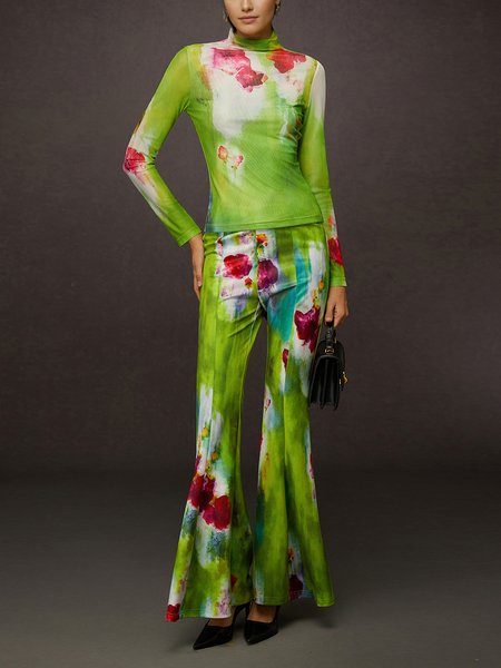 

Elegant Floral Printing Flare Pants, Green, Pants