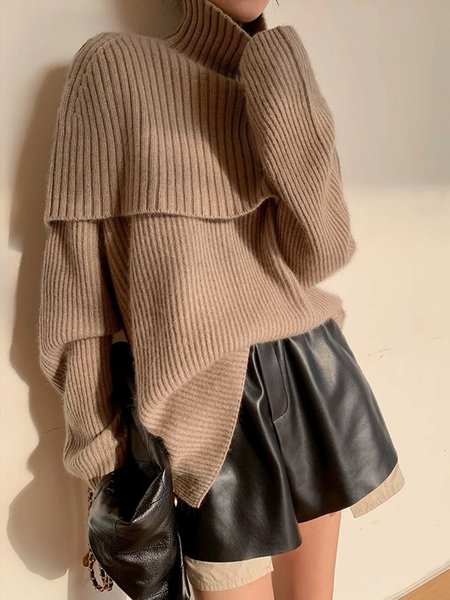 

Casual Plain Raglan Sleeves Sweater With Scarf, Khaki, Pullovers