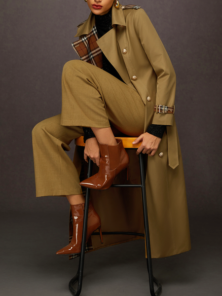 

Urban Colorblock Plaid Long Trench Coat with Belt, Khaki, Coats