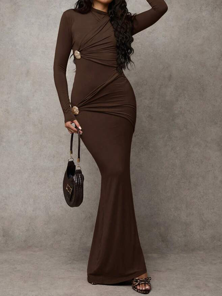 

Elegant Plain Irregular Craftsmanship Crew Neck Maxi Dress, Brown, Maxi Dresses