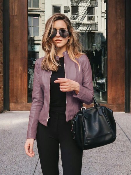 

Women Spring/Fall Outerwear Vintage Split Joint Plain Long Sleeve Stand Collar Jacket, Light purple, Jackets