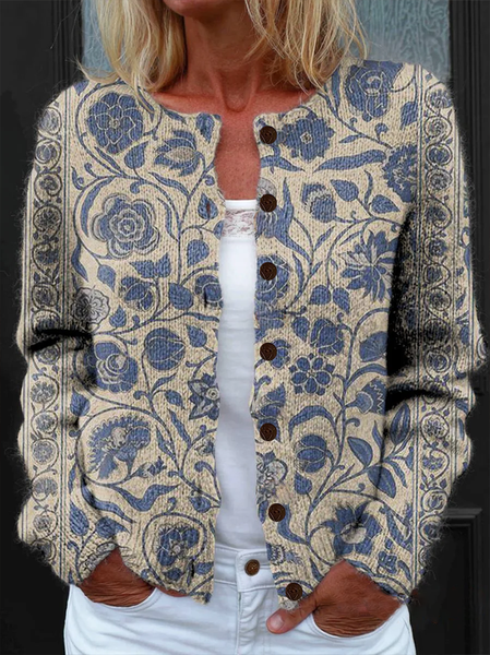 

Women Floral Long Sleeve Comfy Vintage Printing Cardigan, Blue, Cardigans