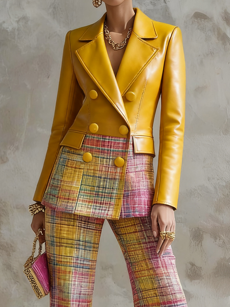Urban Geometric Plaid Faux Leather Lapel Coat