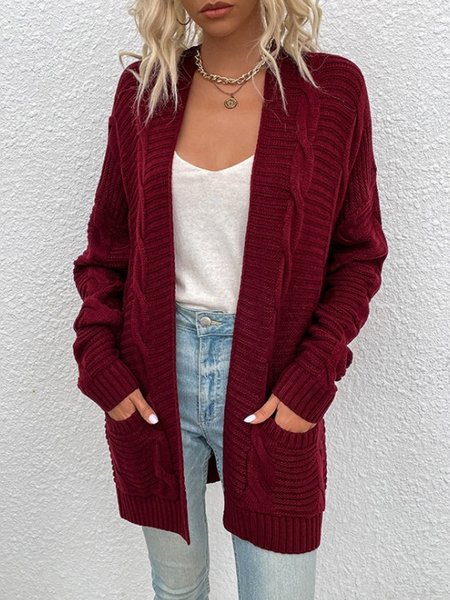 

Vintage Split Joint Cable Knit Jacquard Cardigan Sweater Mid-Length Twisted Cord Cardigan, Wine red, Outerwear