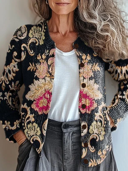 

Women Floral Long Sleeve Comfy Vintage Printing Cardigan, Black, Cardigans