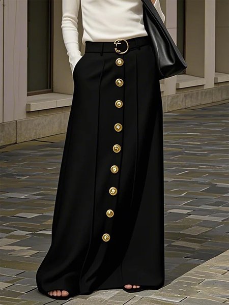 

Urban Buttoned Plain Maxi Skirt With Belt, Black, Skirts