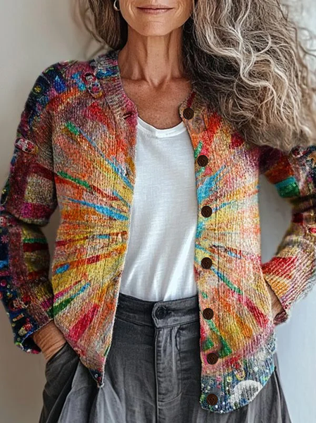 

Women Abstract Printing Long Sleeve Crew Neck Vintage Spring/Fall Cardigan Outerwear, As picture, Cardigans