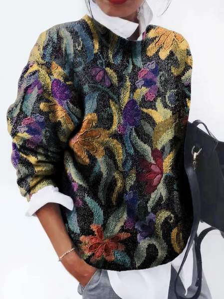 

Women Floral Printing Spring/Fall Casual Long Sleeve Crew Neck Sweater, Black, Sweaters