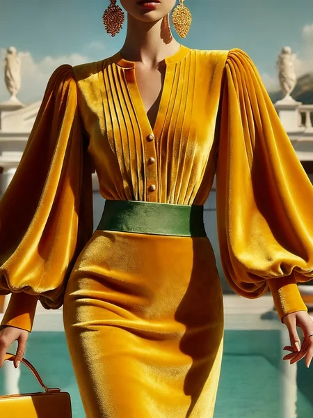 

Velvet Elegant Ruched Stand Collar Puff Sleeve Shirt, Yellow, Blouses and Shirts