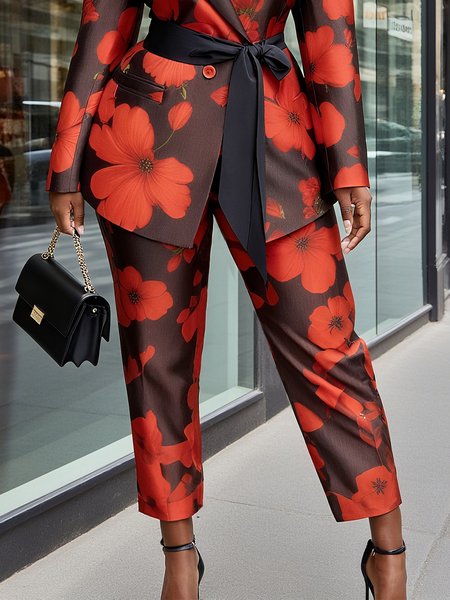 

Elegant Floral Printing Straight Pants, Red, Pants