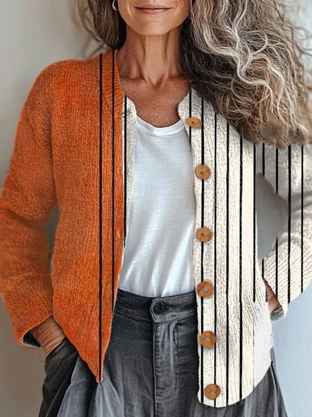 

Women Knitted Striped Long Sleeve Comfy Vintage Cardigan, Color2, Cardigans