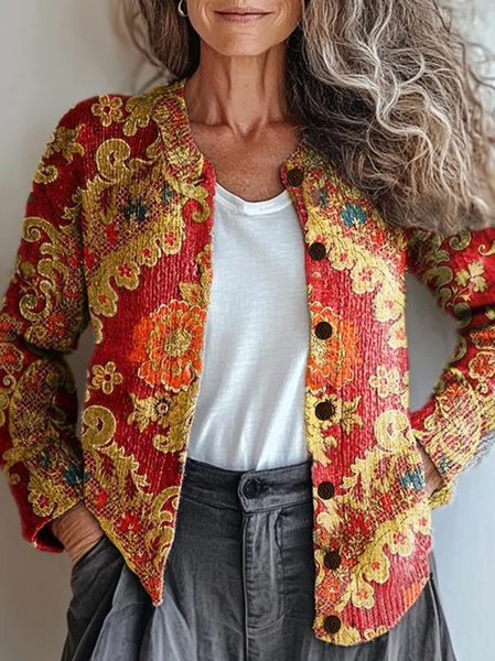 

Women Floral Printing Long Sleeve Crew Neck Vintage Spring/Fall Cardigan Outerwear, Red, Cardigans