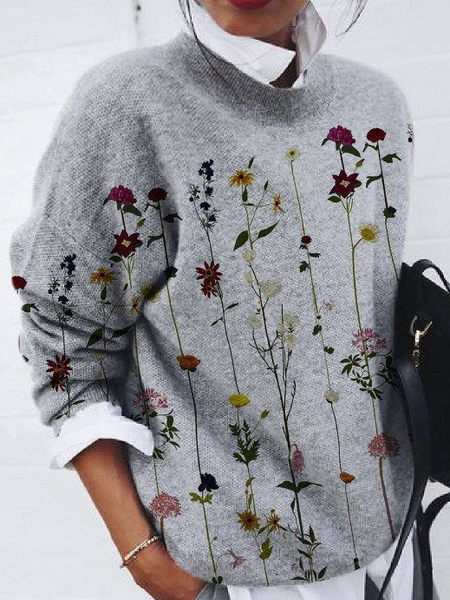 

Women Floral Printing Spring/Fall Casual Long Sleeve Crew Neck Sweater, Gray, Sweaters