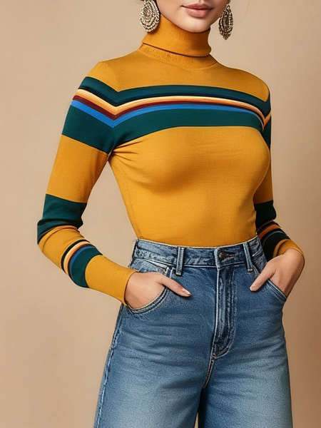 

Casual Striped Turtleneck Sweater, Yellow, Pullovers