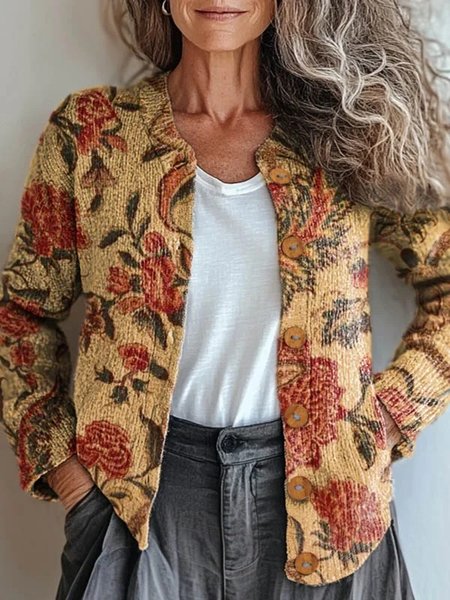 

Women Knitted Floral Long Sleeve Comfy Vintage Cardigan, Color3, Cardigans