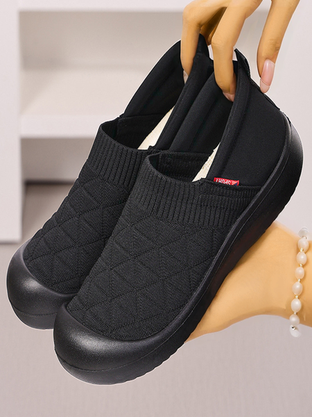 

All Season Mesh Fabric Plain Shallow Flyknit slip-on comfortable flat shoes for mothers with soft soles, Black, Flats