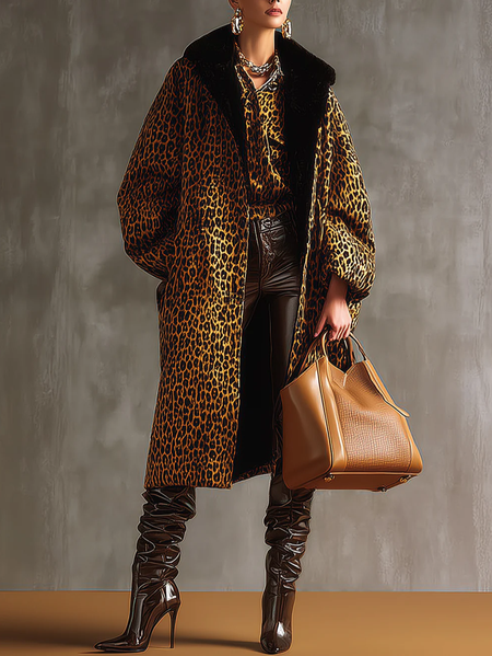 

Urban Buttoned Leopard Coat With Black Fur Collar, Coats