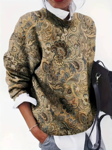 

Women Floral Printing Spring/Fall Casual Long Sleeve Crew Neck Sweater, Khaki, Sweaters