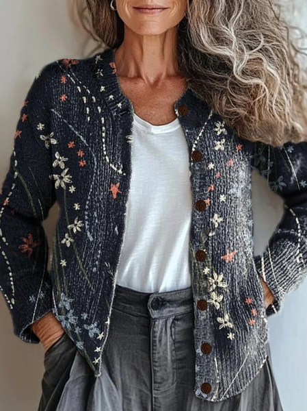 

Women Floral Printing Long Sleeve Crew Neck Vintage Spring/Fall Cardigan Outerwear, Black, Cardigans