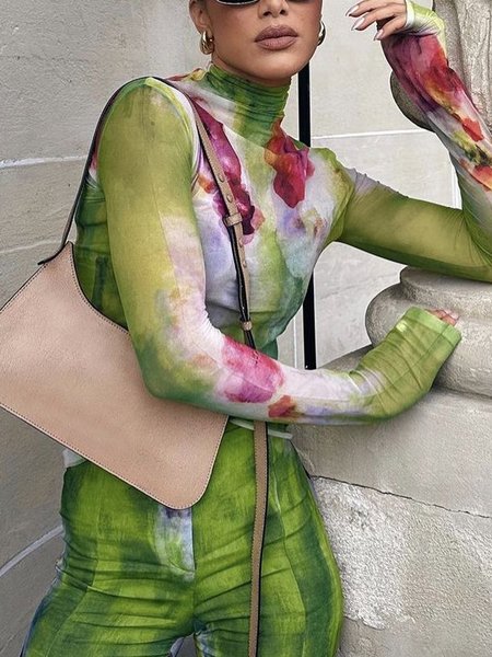 

Elegant Floral Printing Turtleneck T-shirt, Green, Tees