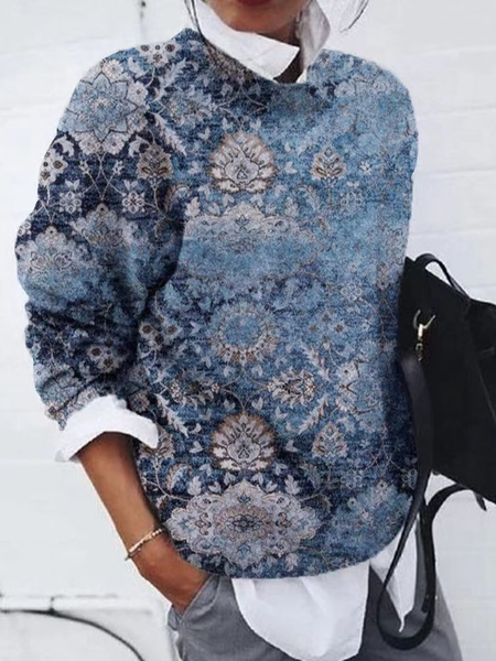

Women Floral Printing Spring/Fall Casual Long Sleeve Crew Neck Sweater, Blue, Sweaters