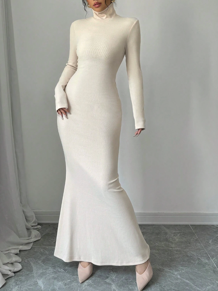 

Urban Plain Mock Neck Maxi Dress, Apricot, Maxi Dresses