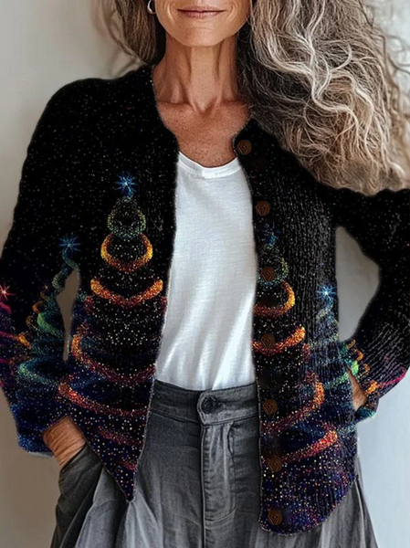 

Women Christmas Printing Long Sleeve Crew Neck Vintage Spring/Fall Cardigan Outerwear, Black, Cardigans