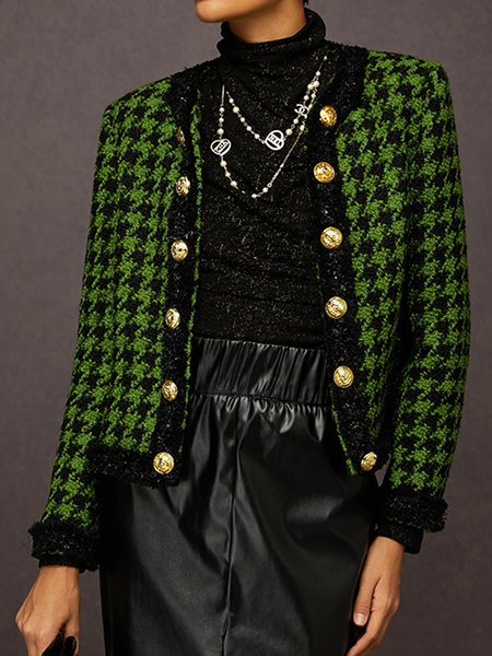 

Urban Colorblock Houndstooth Tweed Jacket with Metallic Buttons, Green, Jackets
